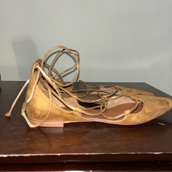 Zara Basic Collection Faux Suede Lace Up Gladiator Flats 8.5 Gold Mustard Yellow - Picture 1 of 10